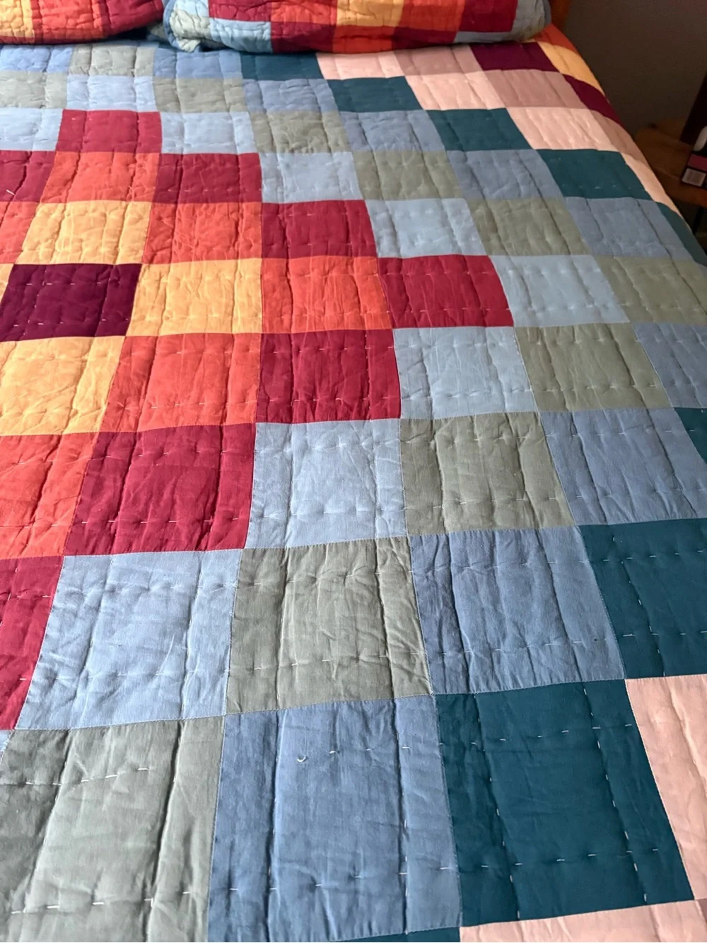 The Company Store Geometric Patchwork Quilt in Blue, Red & Yellow king